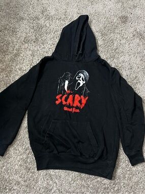 Black Zip-Up Hoodie with Red 'Scary' Ghost Face Graphic